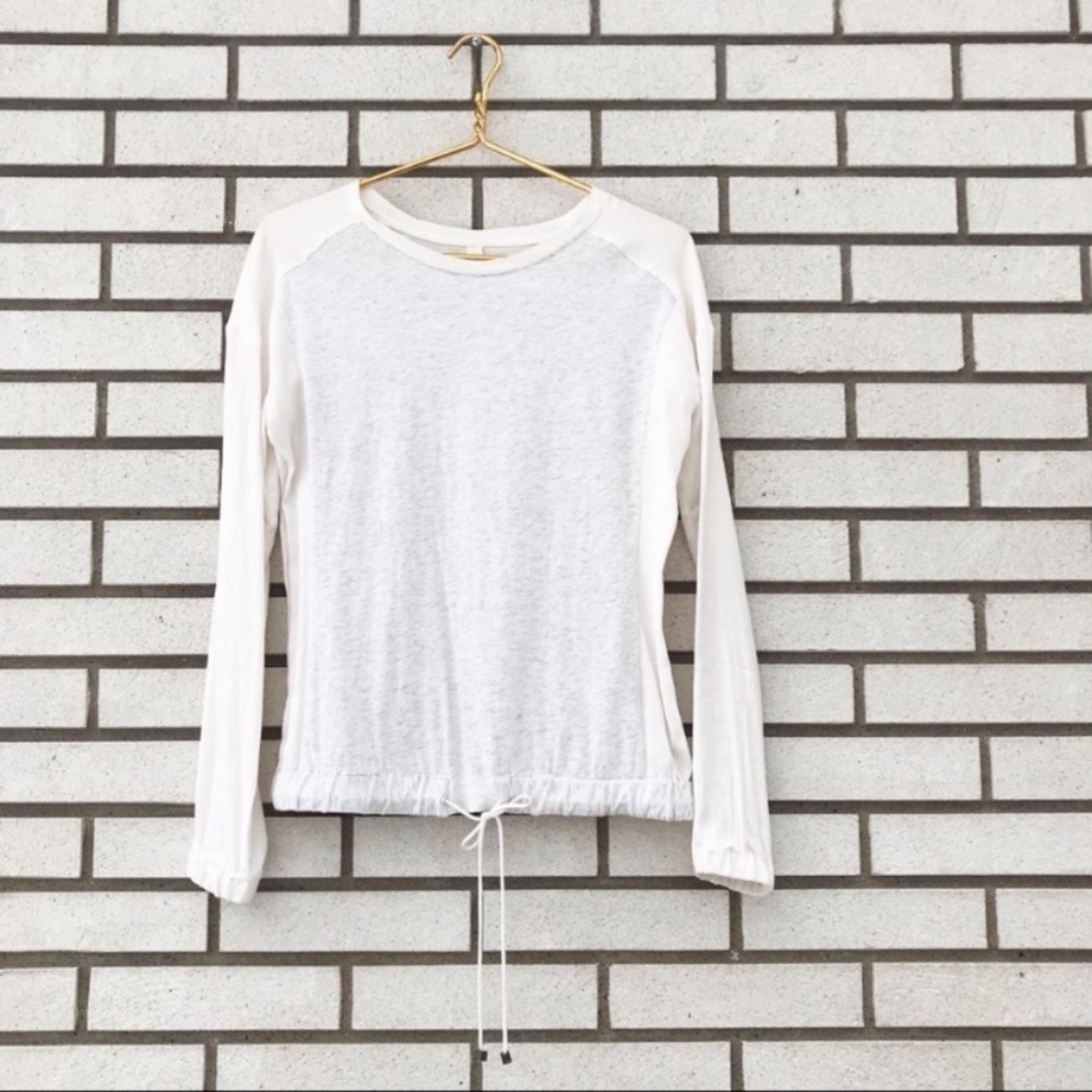 Lou & Grey Drawstring Waist Top Cream Gray Raglan Long Sleeve Soft Tee XS